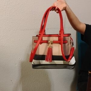 Stylish Red and Tan Women's Handbag